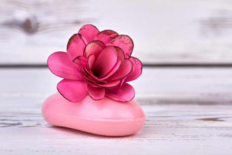 Close-up pink soap with rose flower head on white wood.